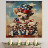 Mother Chihuahua with Three Puppies in Patriotic Outfits Oil Painting on Ready to Hang 1.5" Thick Canvas Wrap, Floating Framed Canvas, Flat Rolled Canvas